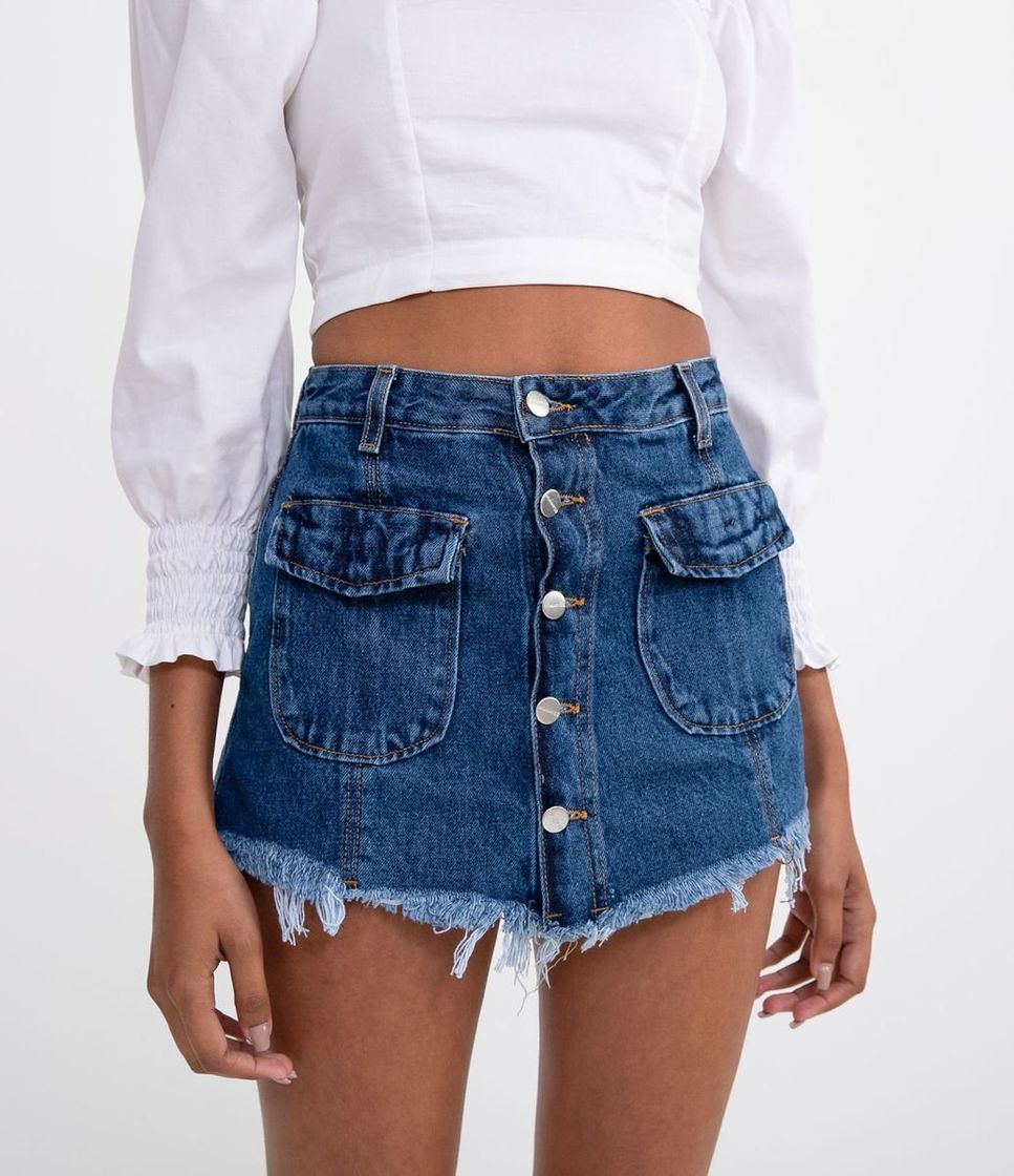 Fashion Short Saia Jeans com Rasgos Azul