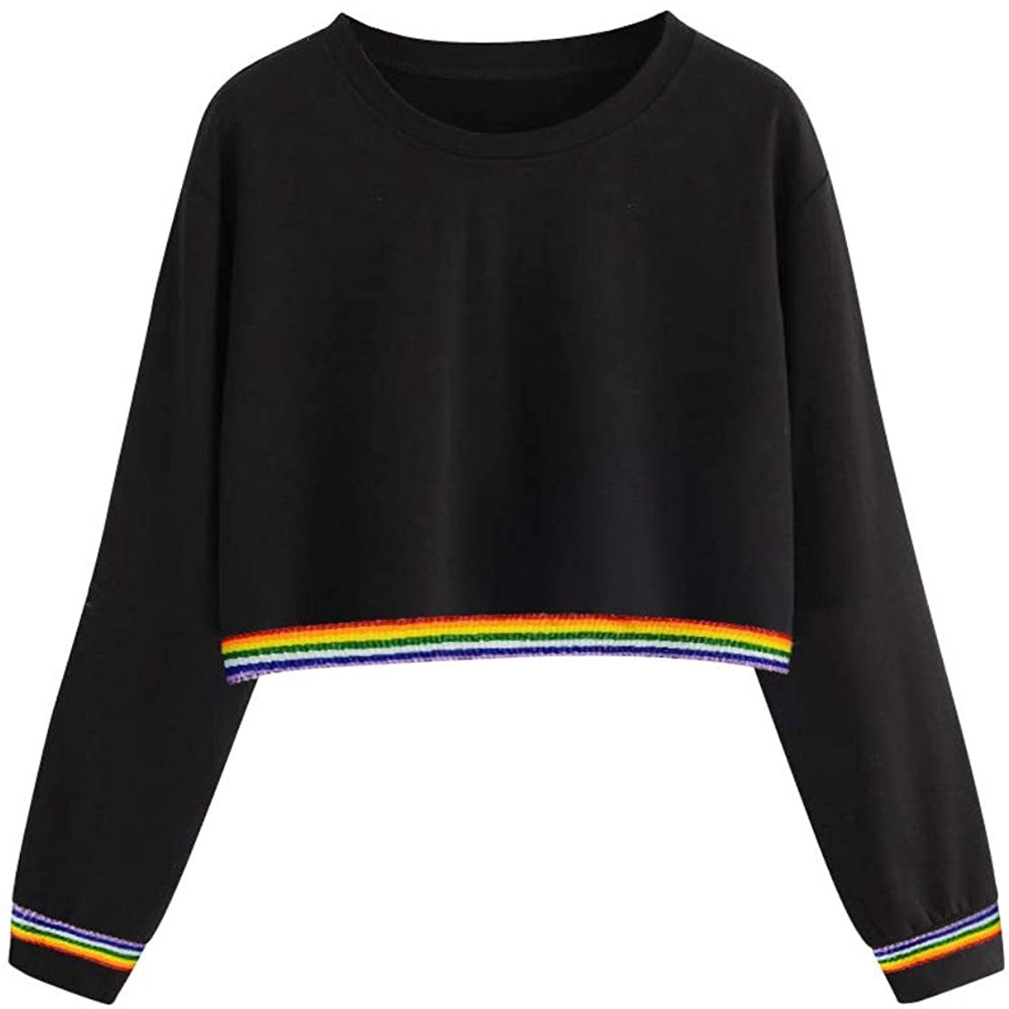 Moda Mujer Casual Sudaderas Rayas Arcoiris Cortas Adolescentes Chicas Manga Larga Tumblr Patchwork Sudadera con Cuello Redondo Casual Tops Blusas Camiseta riou