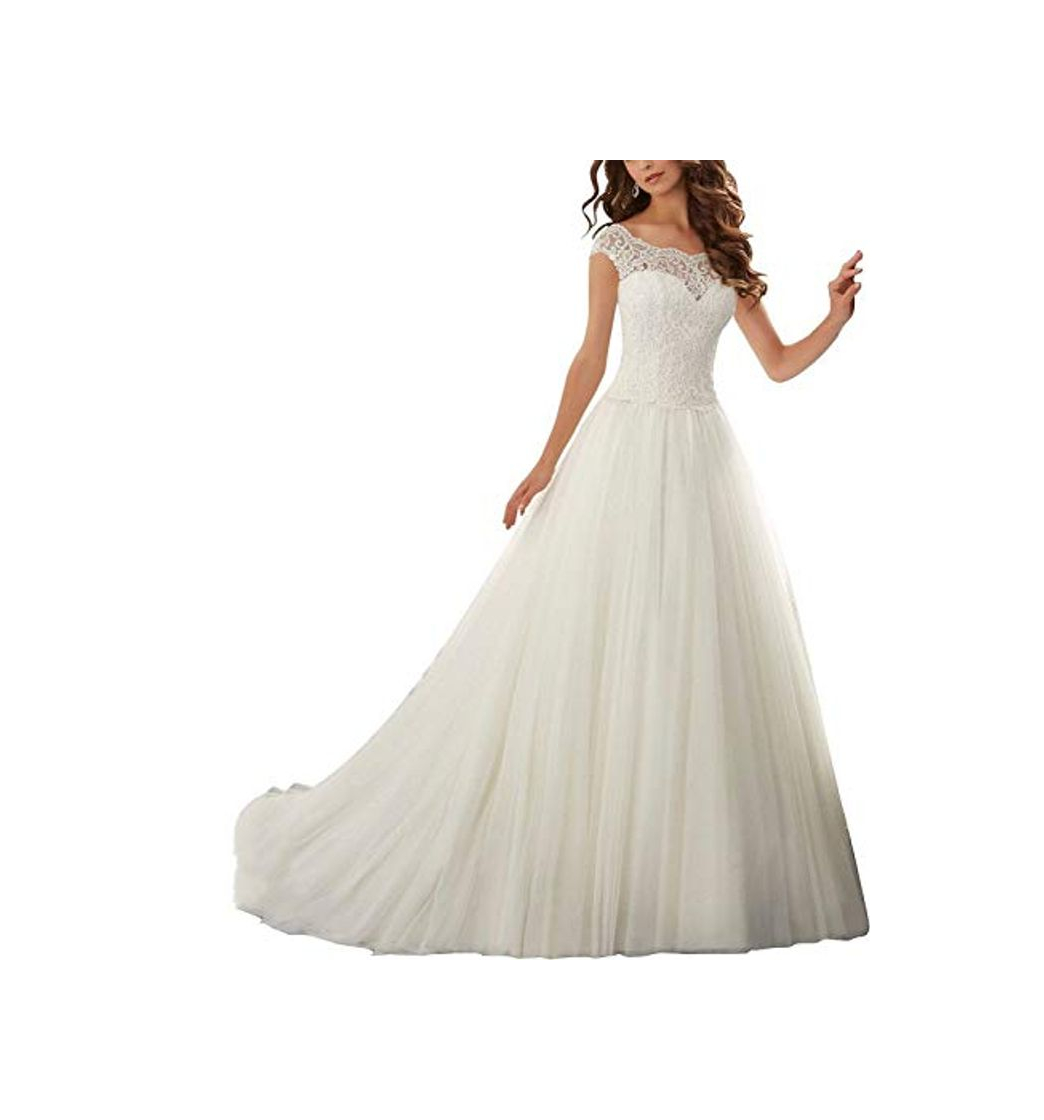 Social Mujeres Vestido de Boda Vestidos de Novia Largo Vestidos para la Novia A línea Tul Encaje Blanco EUR38