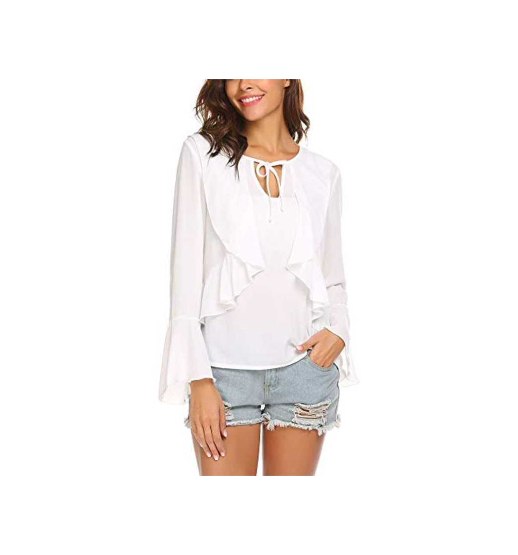 Fashion Meaneor Blusa de Gasa con Cuello de Lazo y Volantes para Mujer