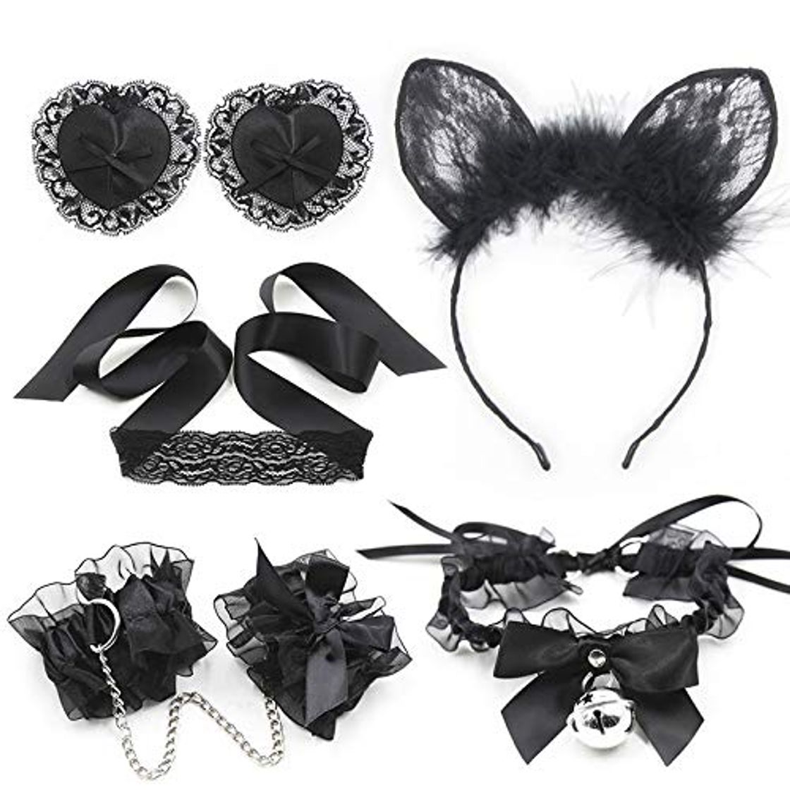 Fashion Fluffy Cat Hairhoop Nīpplẹ CLíps Lace Bowknot Gargantilla ḤânḍcụffṢ Cọụplẹs Game Sẹt