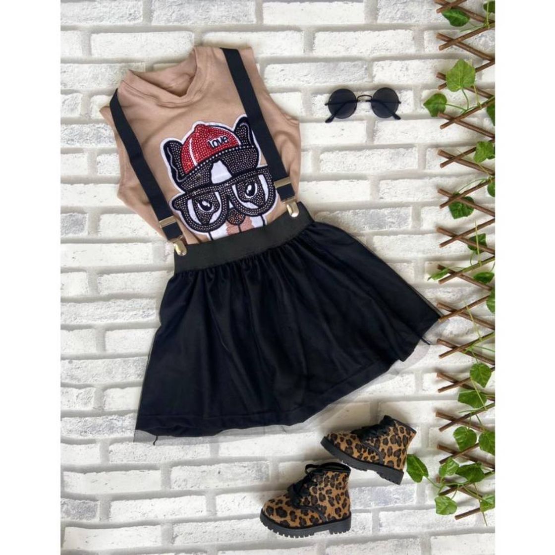 Fashion conjunto infantil menina rock and roll buldogue saia, blusa