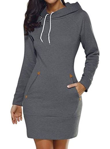 Eledobby Sudaderas con Capucha para Mujer Vestidos con 2 Bolsillos Sudadera con Cordón de Manga Larga Jersey Largo con Capucha para Mujer Tops Casuales Ropa de Salón Ropa de Otoño Gris Oscuro M