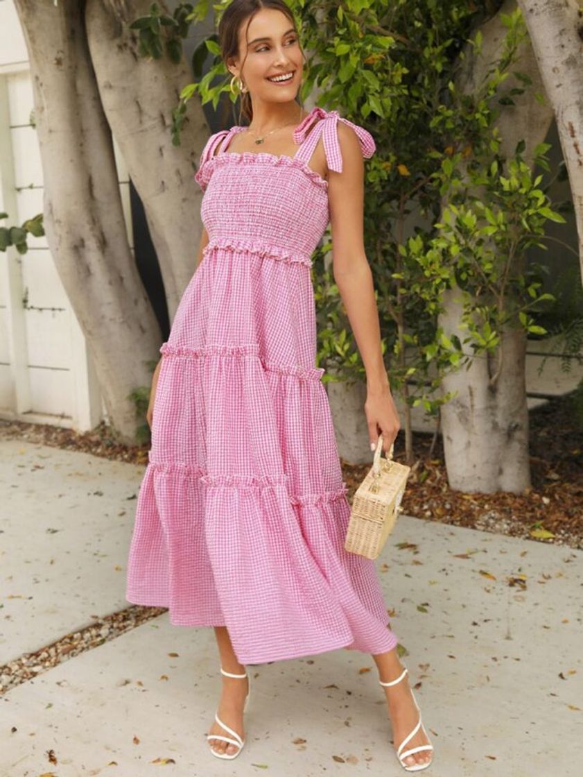 Moda SHEIN Rosa Nó Guingão Boho Vestido