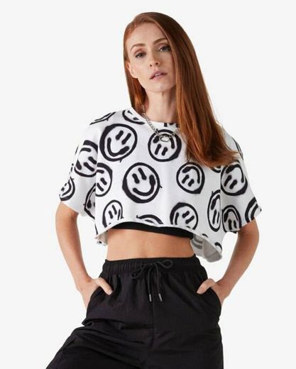 Blusa de Moletom Cropped Feminino Smile Branco

