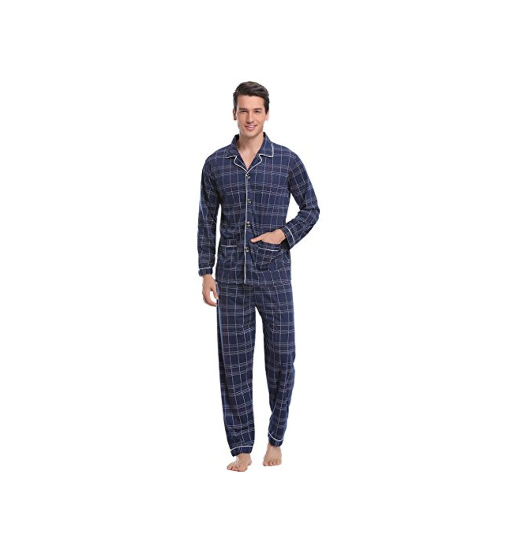 Moda Aibrou Pijamas Hombre Invierno Algodón 2 Piezas Calentito Pijamas Hombre Otoño Algodón,Suave,Cómodo