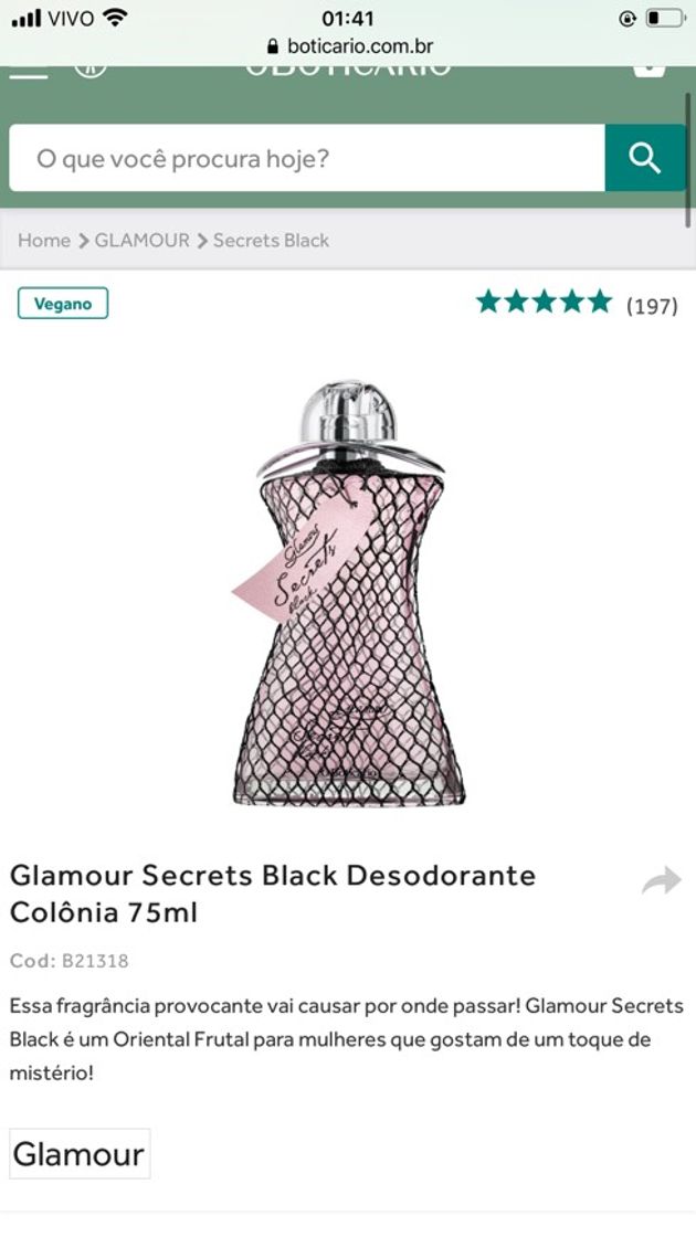 Fashion Glamour Secrets Black Desodorante Colônia 75ml | O Boticário