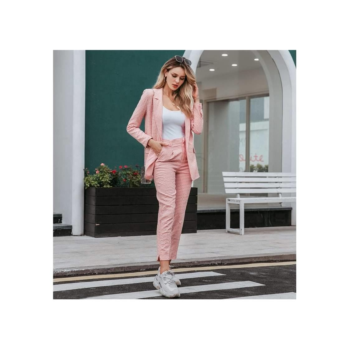 Product Pink Plaid Single Button Blazer Suit Set