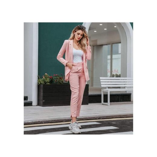 Pink Plaid Single Button Blazer Suit Set