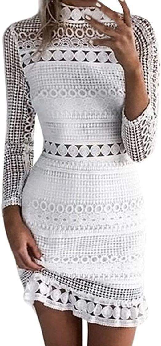 Social LuckyGirls Vestido de Fiesta Mujer Sexy Manga Larga Verano Encaje Heuco Blanco
