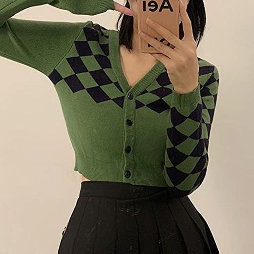 LSJSN Moda Verde Argyle Plaid Cardigan Mujer Suéter De Punto Botones Básicos