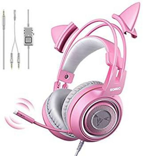 SOMIC G951S Pink Gaming Headset com microfone, Pink Cat Ear 