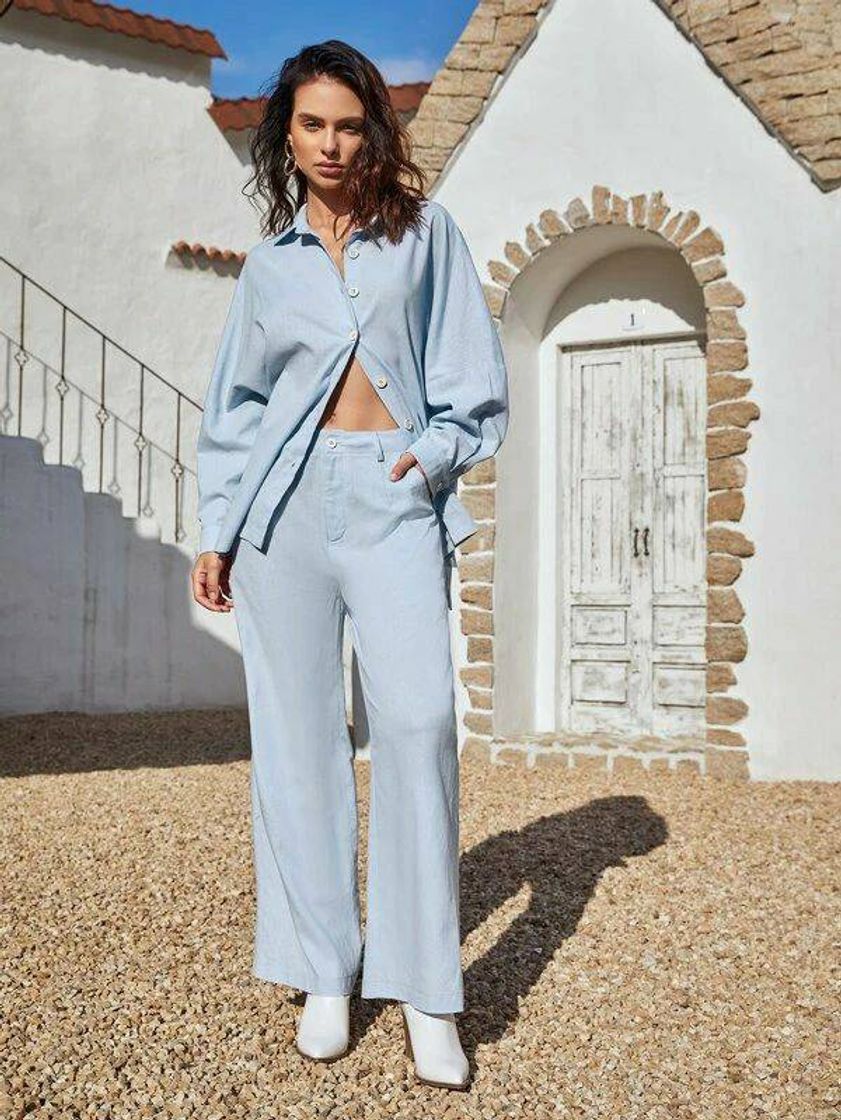 Moda drop shoulder solid longline blouse & pants set 