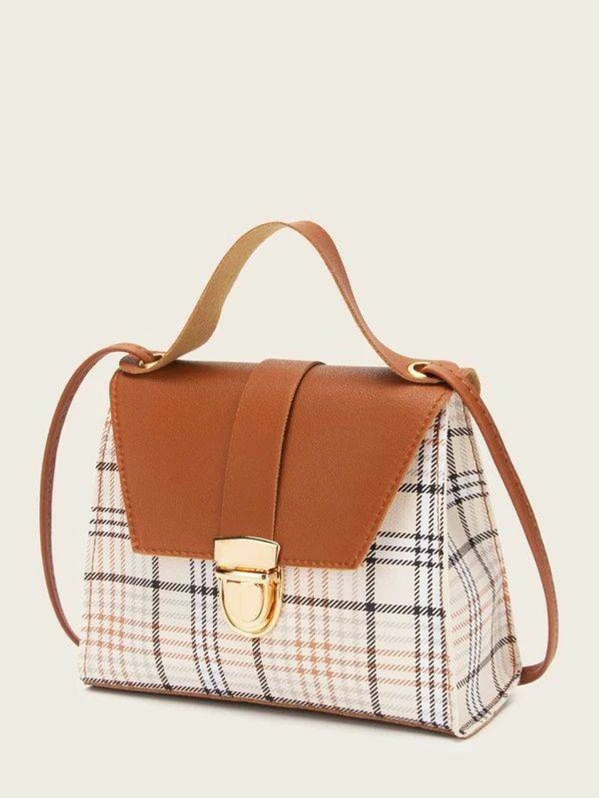 Products push lock plaid satchel bag