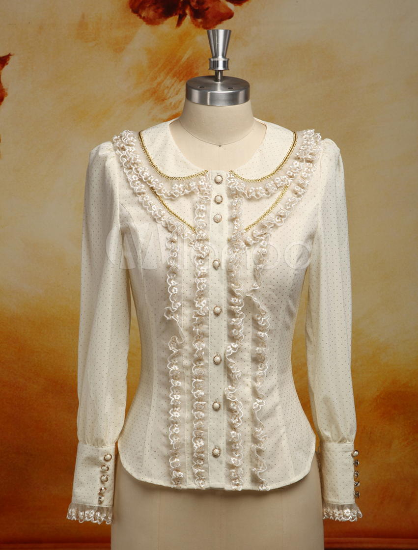 Fashion Blusa de Lolita elegante bege branco Chiffon