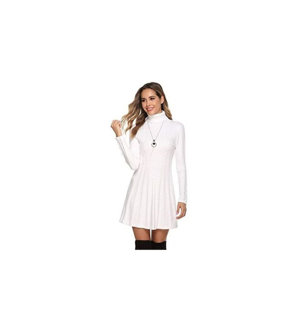 Moda Hawiton Vestido de Punto para Mujer Elegante Vestido de Suéter de Cuello Alto Jersey de Manga Larga de Una Línea para Otoño Invierno