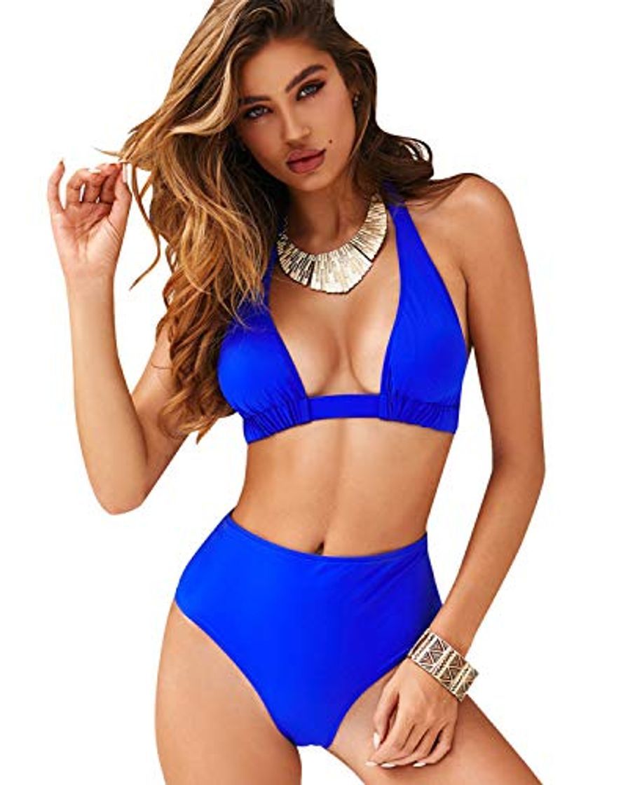 Moda Voqeen Bikini de Cintura Alta para Mujer Conjunto de Cuello Halter Polka Dot Leaves Traje de baño con Estampado de Cuadros Traje de baño de Playa de Verano