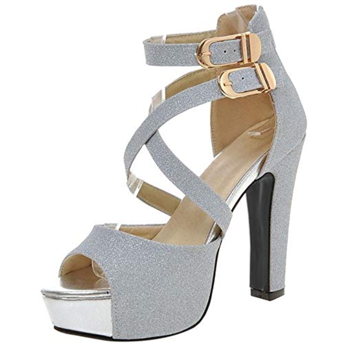 Moda RAZAMAZA Mujer Moda Tacon Alto Sandalias Cruzado Fiesta Zapatos Silver Size 39 Asian