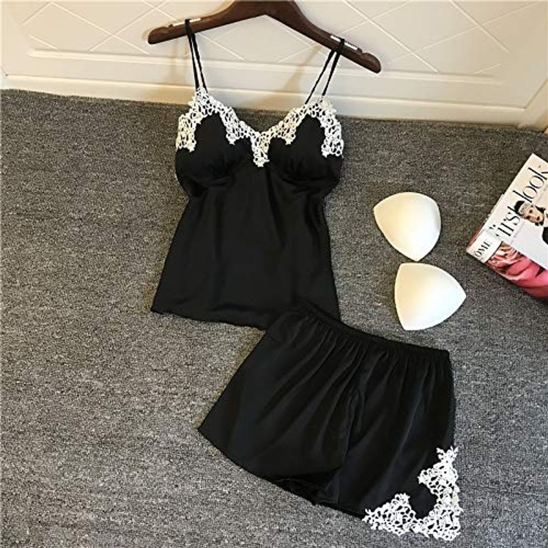 Fashion LXFDSY Conjunto de Dos Piezas de Encaje Mujeres Pijamas de Seda de satén Pantalones Cortos Chaleco de la Correa de Las señoras del Verano Mulher Almohadilla del Pecho Pijama Conjunto M Negro