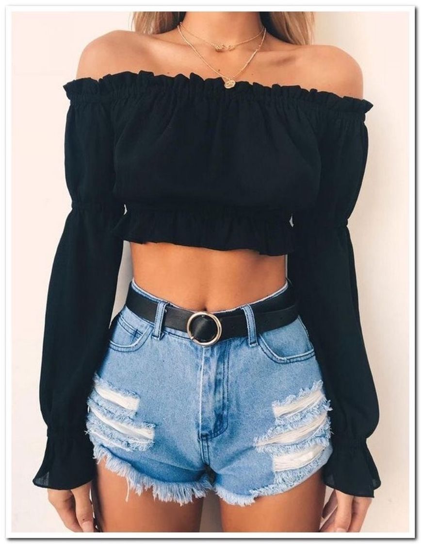 Moda cropped preta ciganinha manga comprida