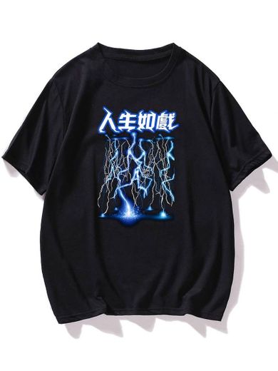 Camiseta com letras e relâmpagos japonês Shein 