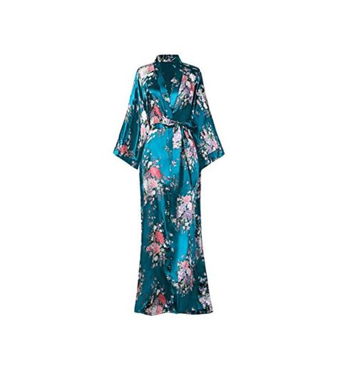 BABEYOND Kimono de Seda Vestido de Satén Kimono Pavo Real Novia Pijamas