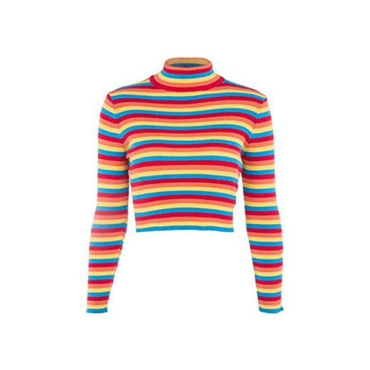 Aawsome Suéter de manga larga con cuello de tortuga y rayas arcoíris
