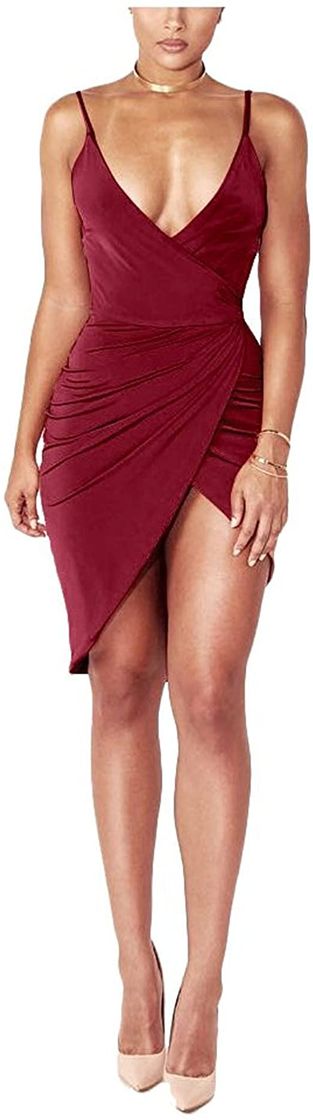 Fashion DRESHOW Women's Sexy Deep V Neck Sleeveless Spaghetti Strap Bodycon Wrap Dress Front Slit Bandage Midi Club Dress