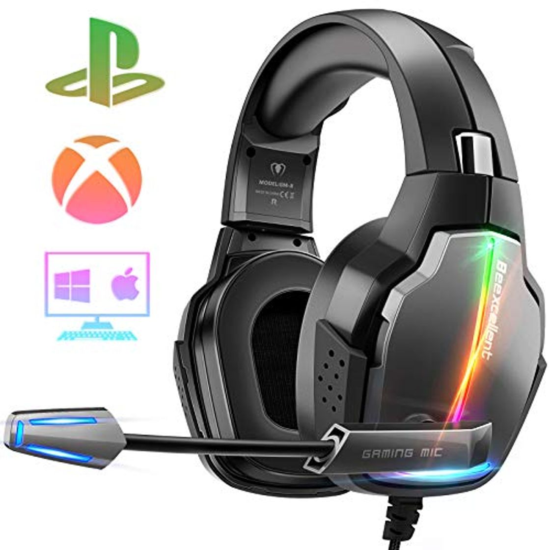 Product Beexcellent Cascos Gaming PS4, 4 Modos de Iluminación RGB y Orejeras Giratorias