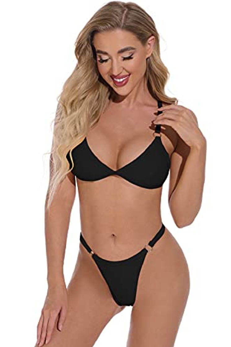 Fashion heekpek Bikinis Mujer Conjunto de Bikini Sexy Ajustable Copa Triangular Bikinis Brasileños Tanga Mujeres Dos Piezas Traje De Baño con Hebilla Redonda de Metal