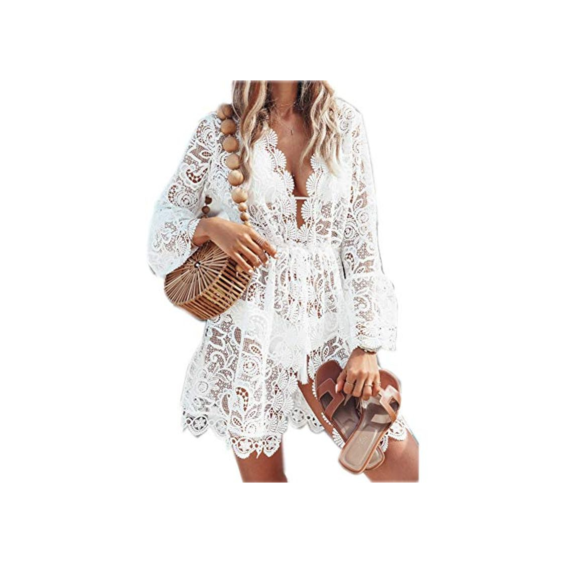 Fashion Vestido de Playa Mujer Pareos y Camisola Sexy Hueco Bikini Cover up Suelto de Manga Larga Ropa Traje de Baño Punto de Encaje con Cuello en V Blanco M