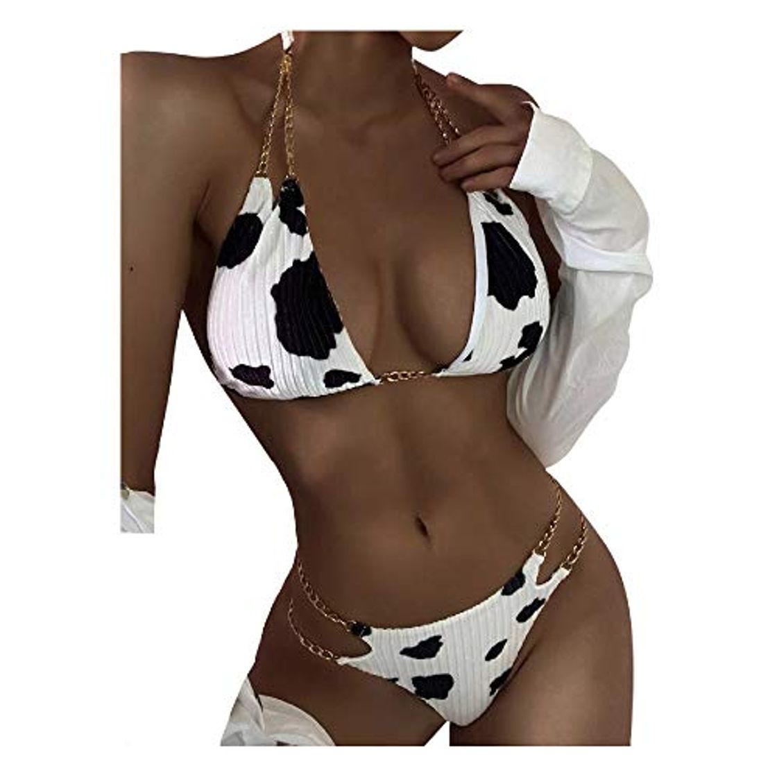 Social Keepwin Conjuntos Bikinis Mujer Sexy Brasileñas Cuello Halter Impresión de Vaca Ropa