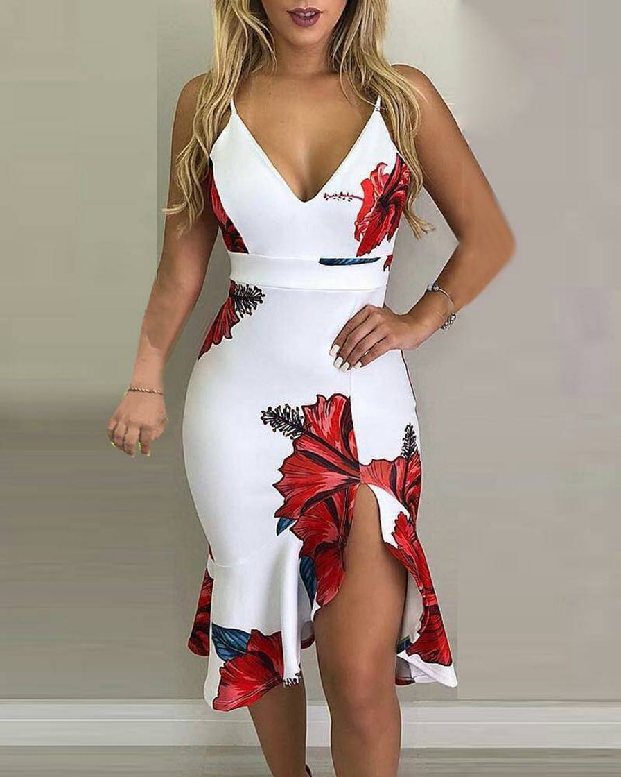 Productos Spaghetti Strap Floral Print Slit Ruffles Dress