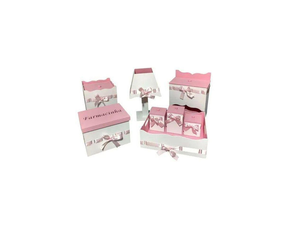 Product Kit Higiene De Bebê Rosa e Branco MDF