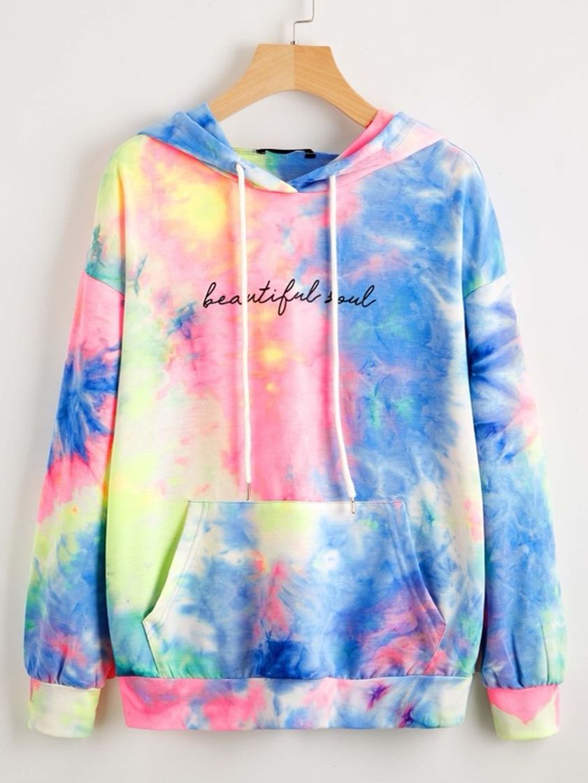 Fashion SHEIN Tie Dye Drop Shoulder Drawstring Hoodie