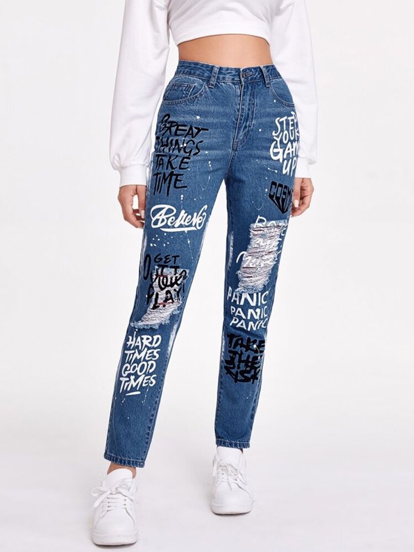 Moda High-Waisted Letter Graphic Ripped Jeans