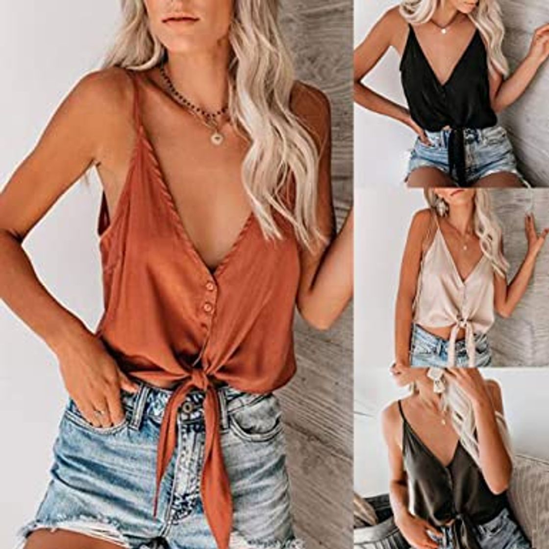 Moda Chaleco sin Mangas para Mujer Sexy Chaleco con Cordones de Vacaciones Blusa Botones Crop Tops Tank