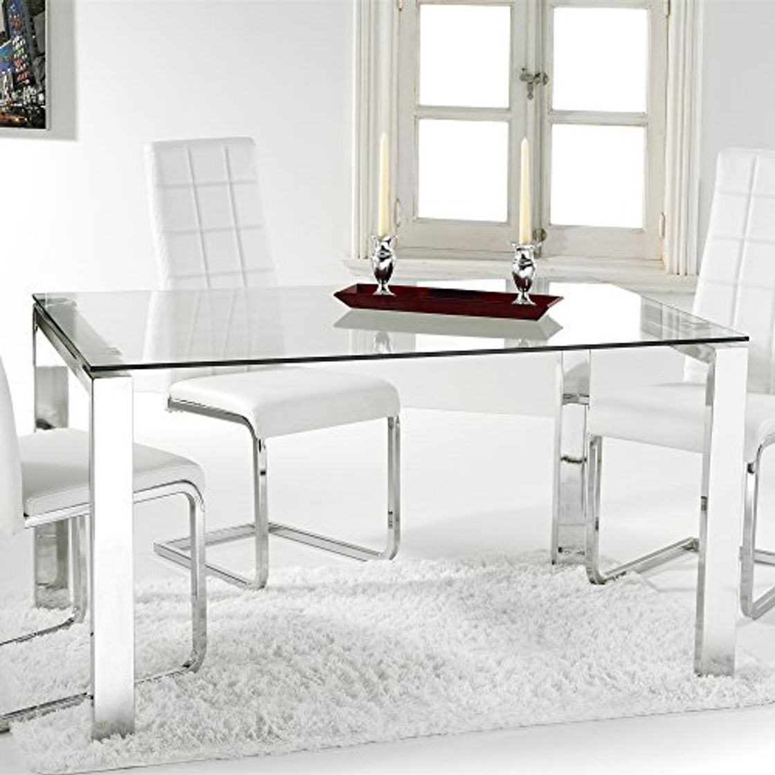 Products Universal, Mesa Cristal Comedor , Mesa Salon, Cocina, Estructura Metalica Cromada y