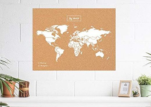 Miss Wood Map XL - Mapa del mundo de corcho, 60 x 90 cm, Blanco