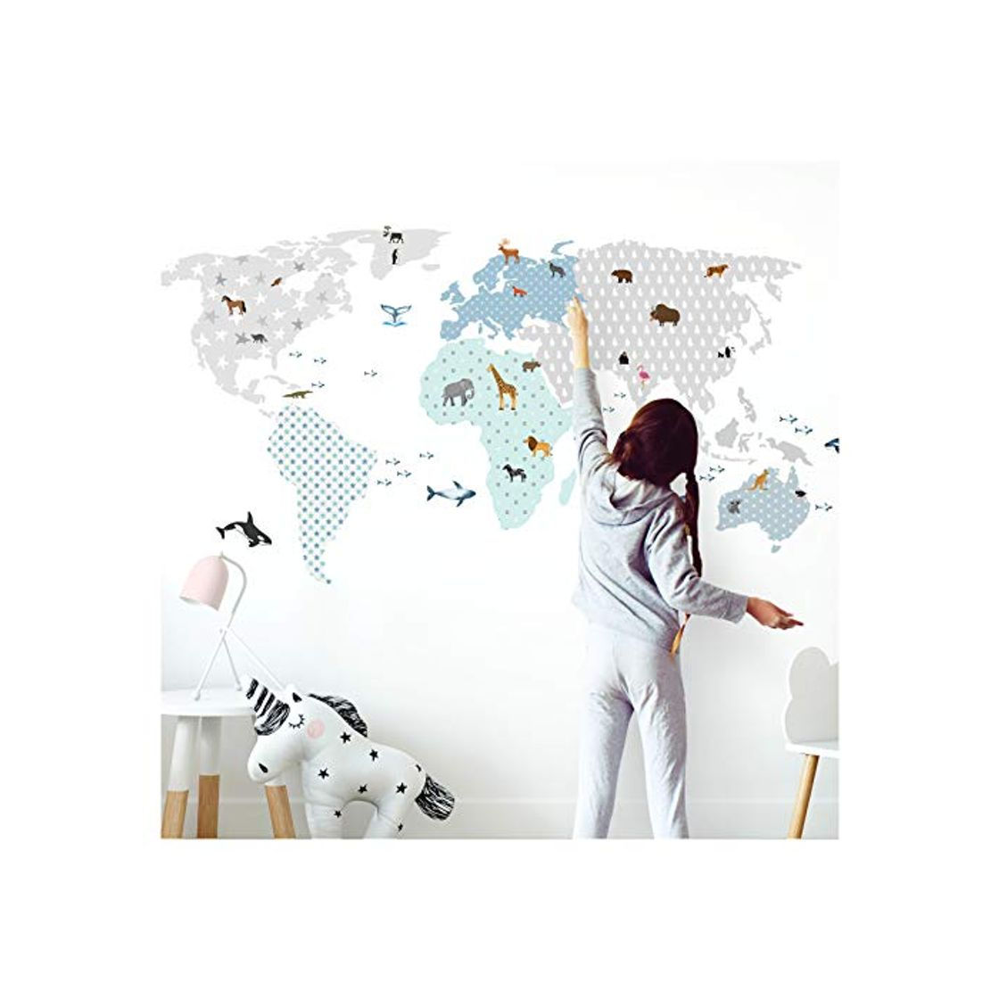 Producto Little Deco Tatuaje de Pared Mapa del Mundo Animales Azul grisáceo I