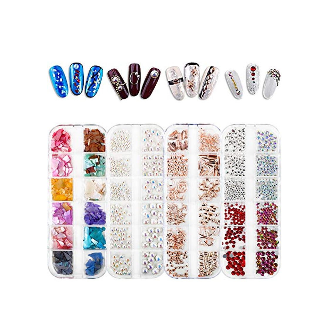 Product FLOFIA Juego 4 Cajas Decoración Adornos de Uñas Piedras 3D Pedrería Cristales de Uñas Diamantes Rhinestones Perlas Conchas Nail Glitter para Arte de Uñas Gel 48 Cajitas de Estilos Colores Mezclados