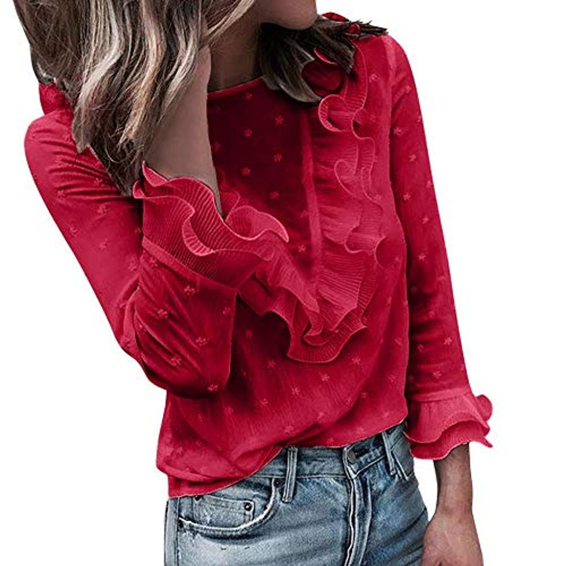 Moda VJGOAL Moda Mujer Casual Encaje Sexy Lunares O Cuello Dulce Volante Camiseta