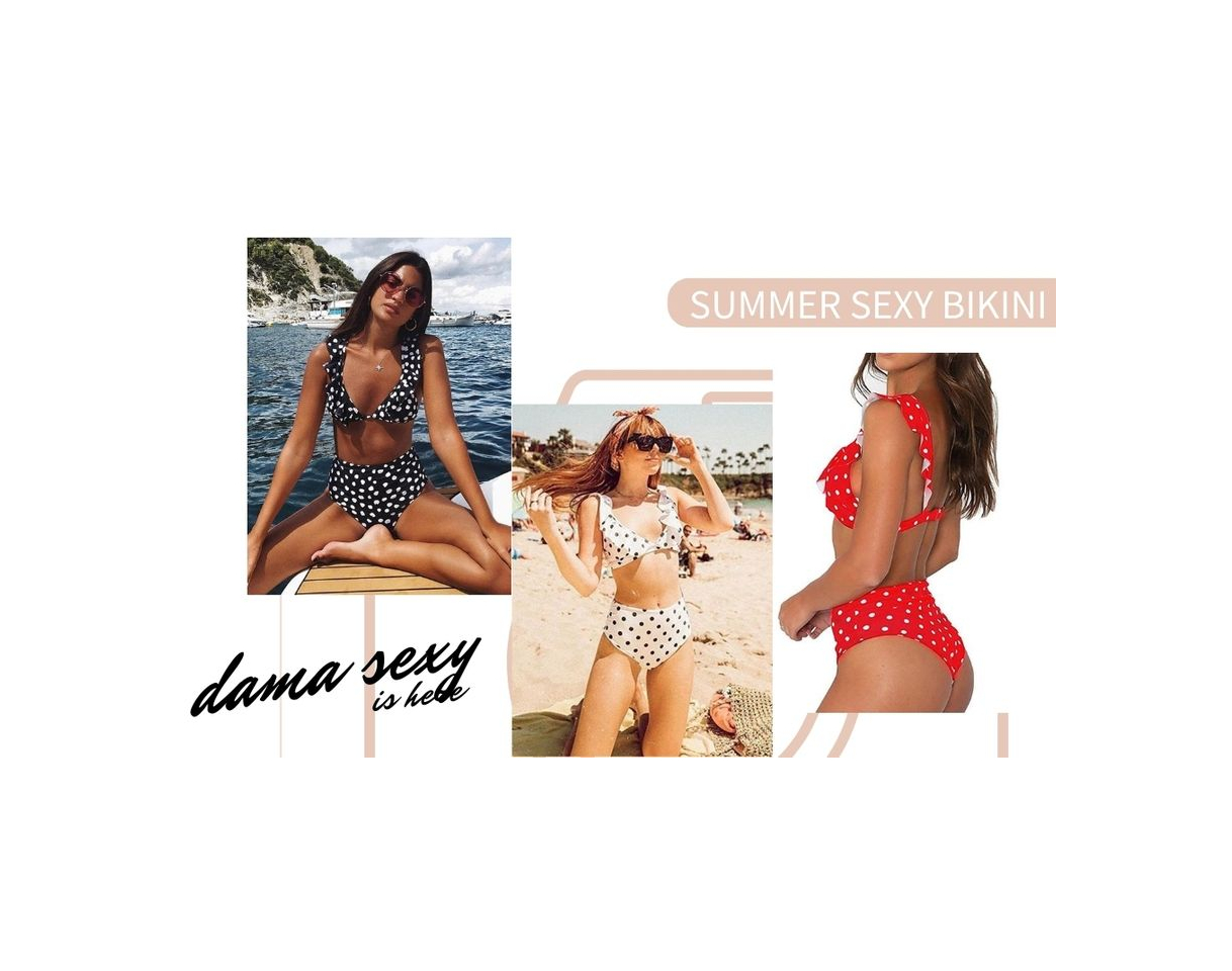 Social JFan Mujer Traje de Baño Bikini Punto de Onda Ruffle Conjunto de