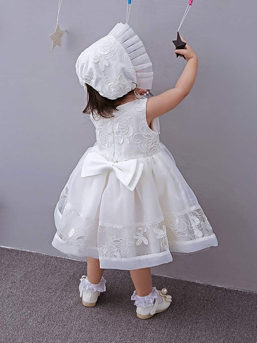 Fashion Vestido de Bautizo para Bebé Niña Vestido Formal de Novia de Boda de Encaje sin Manga 3 Piezas Conjunto de Chal Sombrero Skirt con Bowknot para Ceremonia