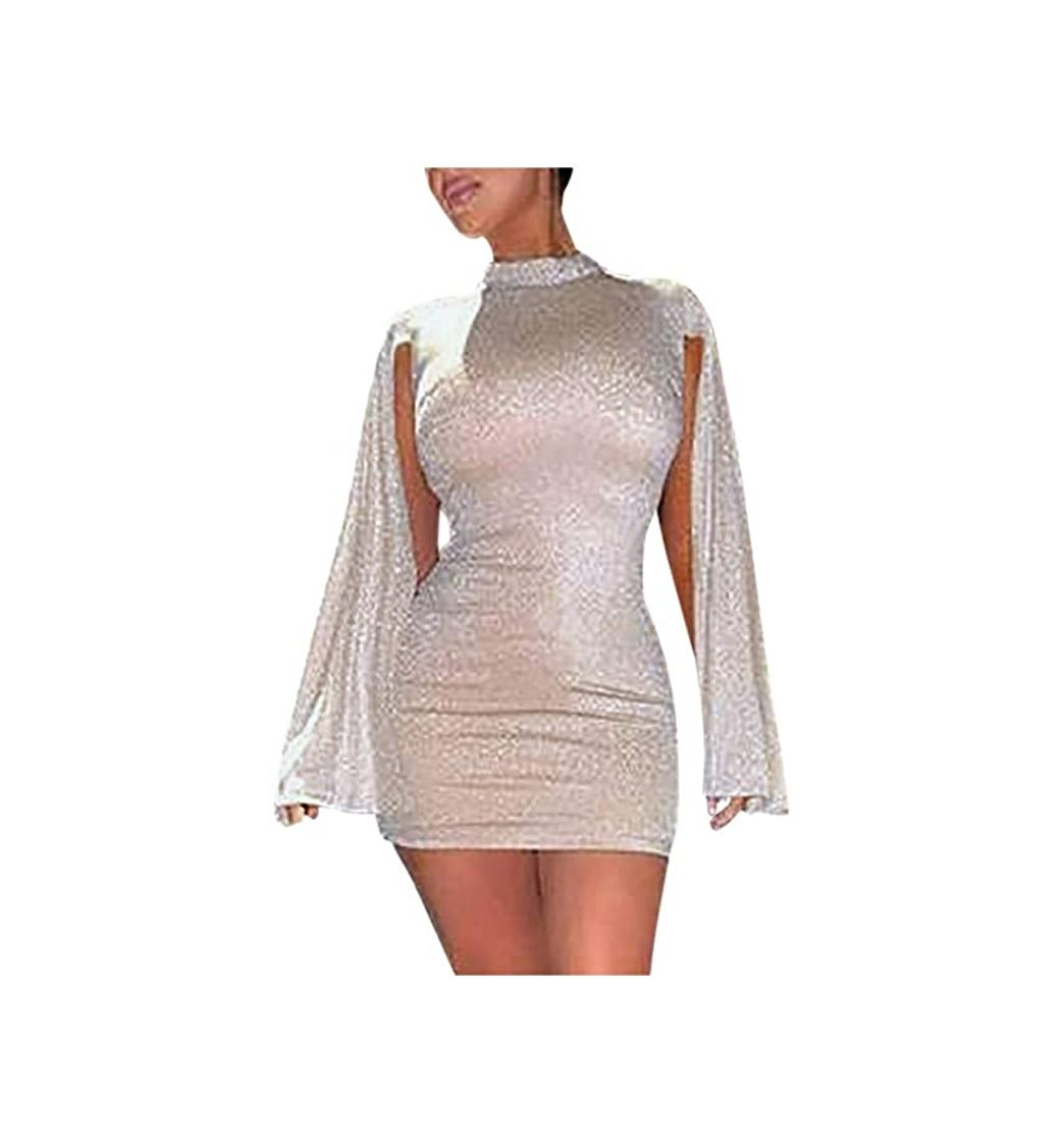 Fashion ZODOF Vestido de Fiesta Mujer Cuello Redondo Manga Larga Perspectiva Sexy Lentejuela Vestido Club Nocturno Casual Party Prom Vestido de Cóctel Moda Dress