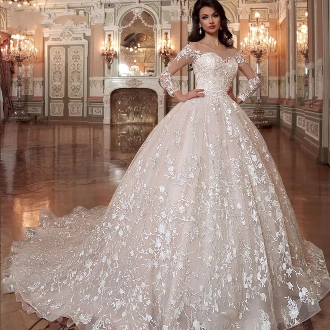 Fashion Vestido de novia de gasa de encaje de tul de novia vestido de la llegada de cuello alto de bola del vestido de boda de los vestidos de la princesa de la borla de las mangas del traje brillante Mariee