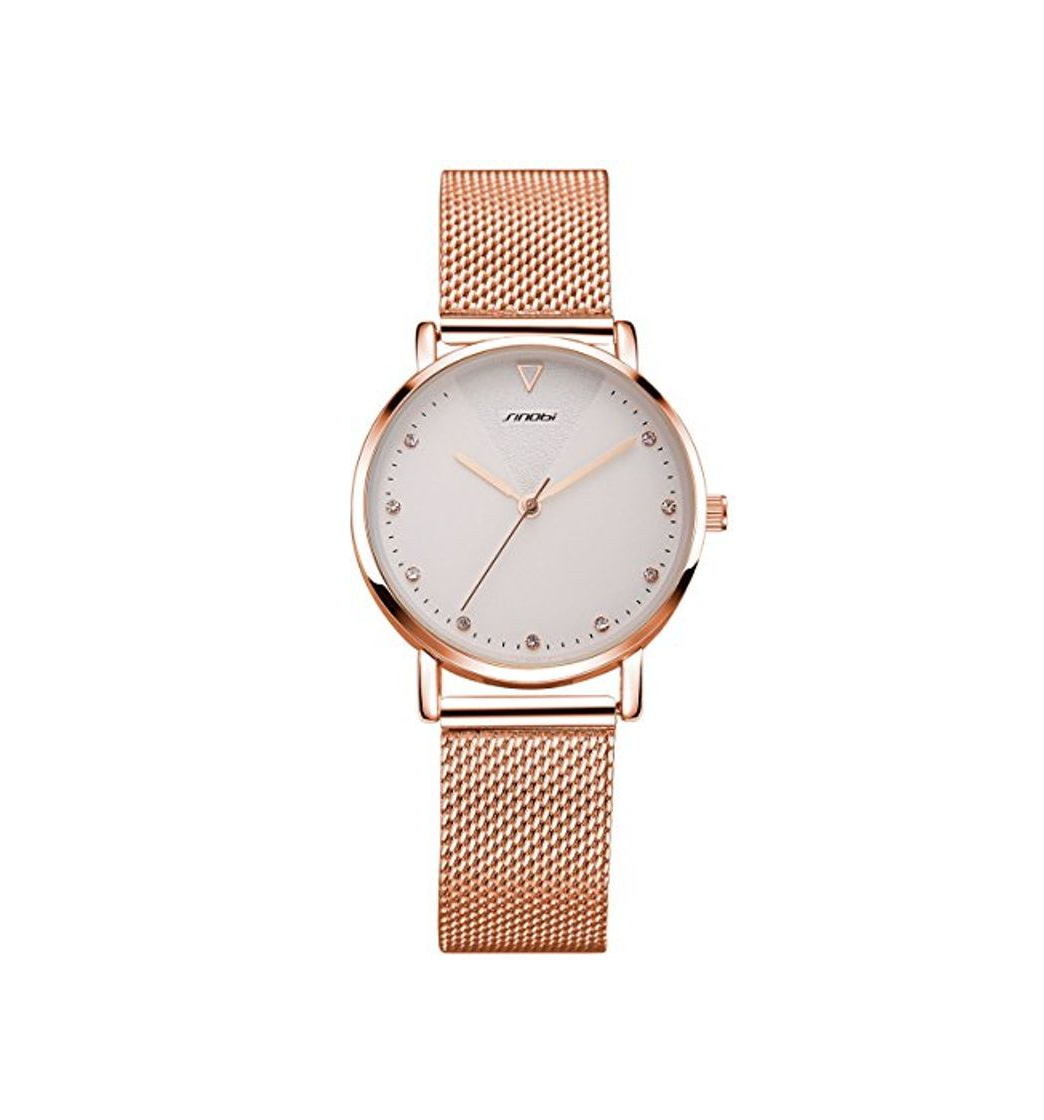 Social Alienwork Reloj Mujer Relojes Acero Inoxidable Banda de Malla Metálica Oro Rosa Analógicos Cuarzo Blanco Impermeable Strass Purpurina Elegante