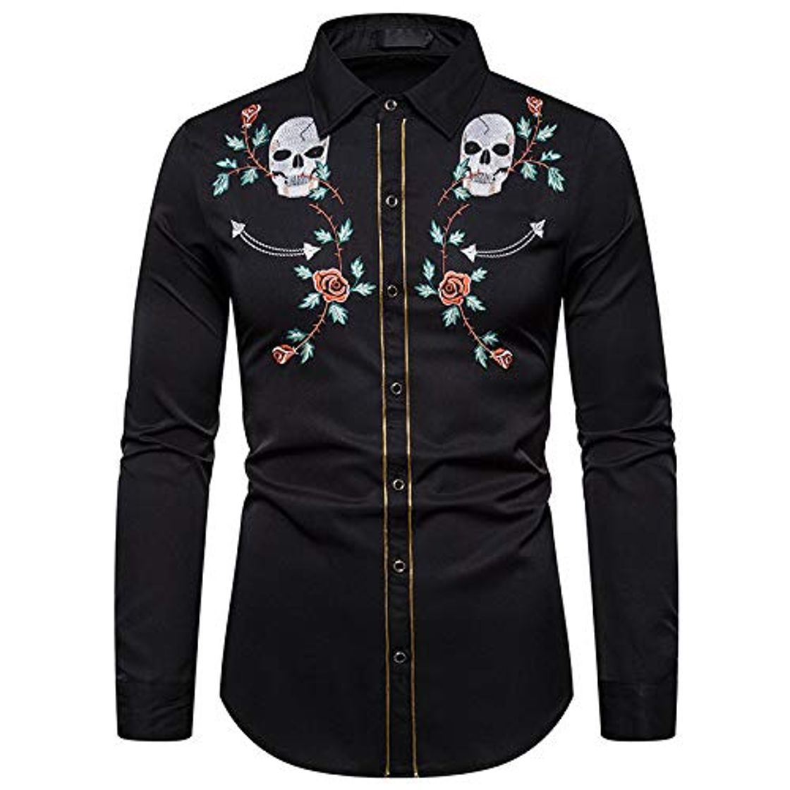 Fashion Loeay Camisas de Hombre Slim Fit de Manga Larga con Bordado de Calavera Rosa Camisas sociales Negro XXL