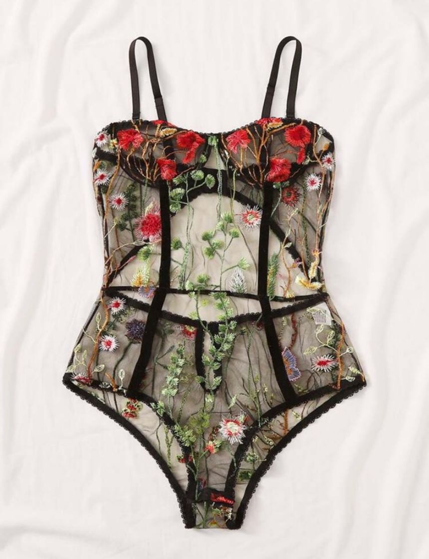 Moda Floral Embroidered Sheer Teddy Bodysuit 