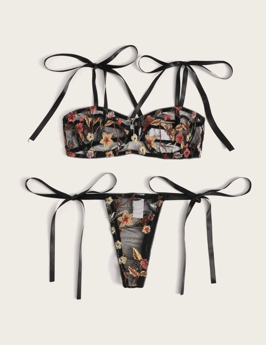 Moda Floral Embroidery Bra & Side Tie Thong